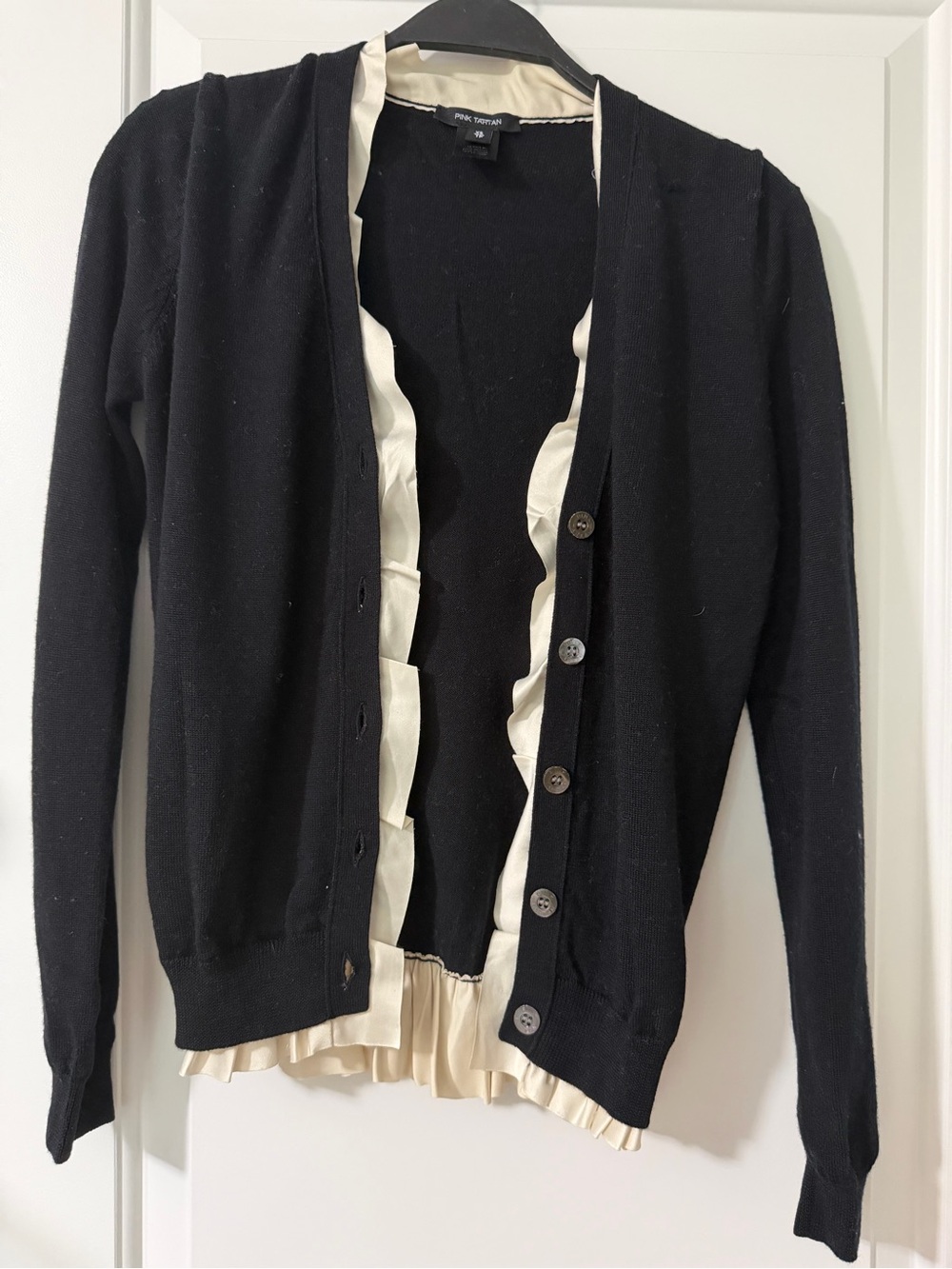 Pink Tartan Black Cardigan with Cream Ruffle Trim